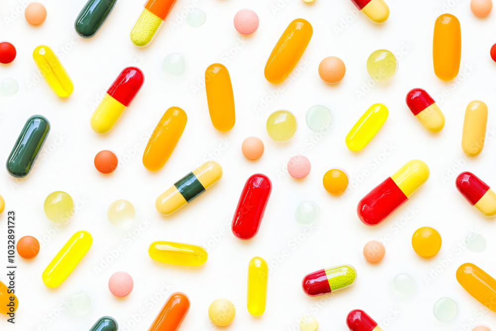 Multicolored capsules and pills on white background. Seamless pattern of biological supplements, vitamin and medicines for health, beauty of skin and hair. Close-up for backgrounds, print, backdrops Multicolored capsules and pills on white background. Seamless pattern of biological supplements, vitamin and medicines for health, beauty of skin and hair. Close-up for backgrounds, print, backdrops