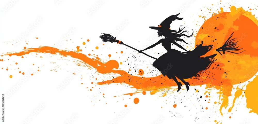 Naklejka premium a cartoon witch flying on a broomstick against a full moon, set in a vibrant Halloween background