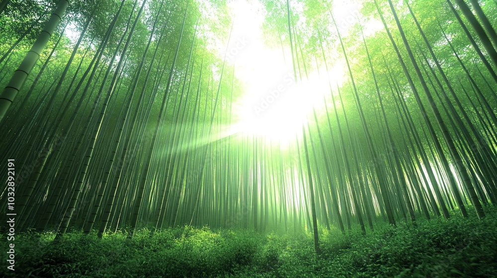Sunlight streams through a dense bamboo forest, creating a magical atmosphere. Sunlight streams through a dense bamboo forest, creating a magical atmosphere.
