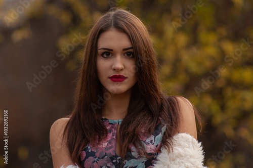 Close up trendy portrait of elegant young woman with big eyes and red lips