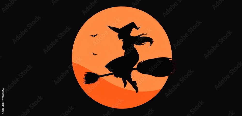 Fototapeta premium a cartoon witch flying on a broomstick against a full moon, featuring a Halloween concept with an orange sky and a yellow glowing light effect