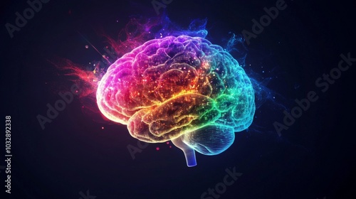 Side view of the brain with hacker neural activity, colorful smoke, and electronic circuits on a black background