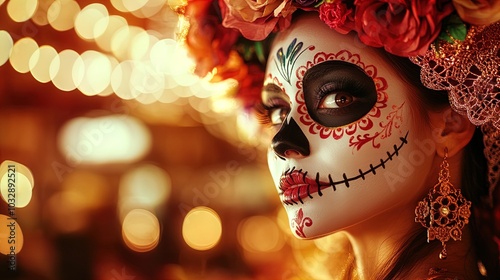 Stylized Day of the Dead makeup with vibrant flowers and ornate earrings