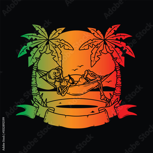 Original vector illustration. Skeleton on the beach in a hammock with the sea in the background.