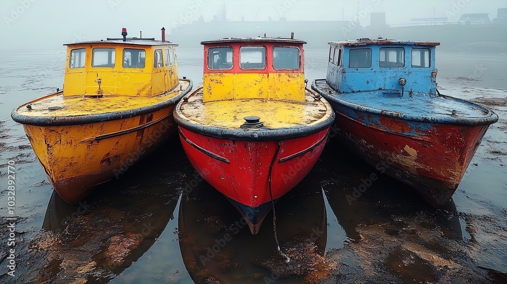 Three weathered boats on the shore in foggy weather Three weathered boats on the shore in foggy weather