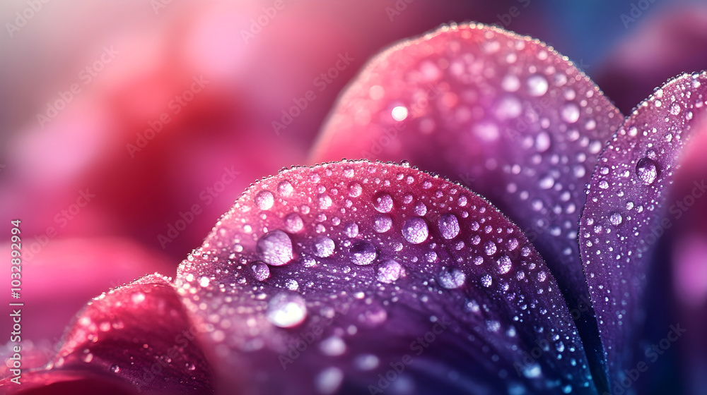 A stunning macro shot of petals with a gradient of pink and purple covered in shimmering dewdrops A stunning macro shot of petals with a gradient of pink and purple covered in shimmering dewdrops