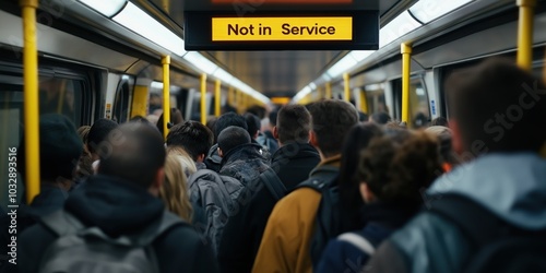 A packed Underground train filled with commuters, the display above reads 