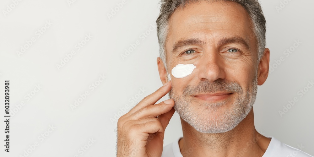 Obraz premium Happy middle-aged 45 years old man applying facial anti-aging skin care cream