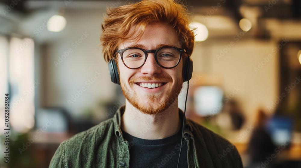 Young smiling redhead man wearing earphones, headphones Young smiling redhead man wearing earphones, headphones