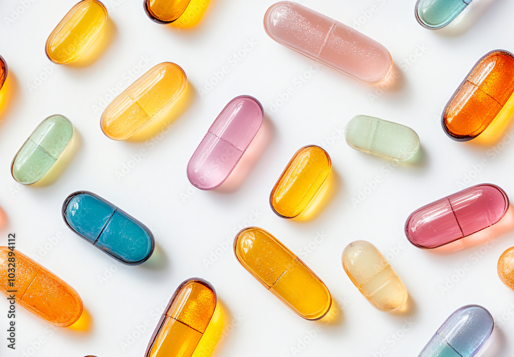 Multicolored transparent capsules on a white background. Seamless pattern of biological supplements, vitamins and medicines for health, beauty of skin and hair. Close-up for wallpaper, print, backdrop Multicolored transparent capsules on a white background. Seamless pattern of biological supplements, vitamins and medicines for health, beauty of skin and hair. Close-up for wallpaper, print, backdrop