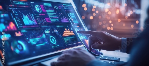 Wallpaper Mural A businessman's hand points at a screen displaying a multitude of data and graphs. The screen glows brightly, illuminating his workspace. Torontodigital.ca