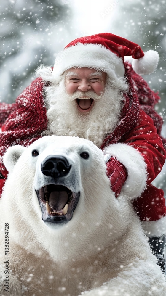 Santa Claus laughs as he rides a polar bear through a snowy forest. Santa Claus laughs as he rides a polar bear through a snowy forest.