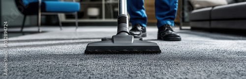 Close-up of a vacuum cleaner cleaning a carpet.