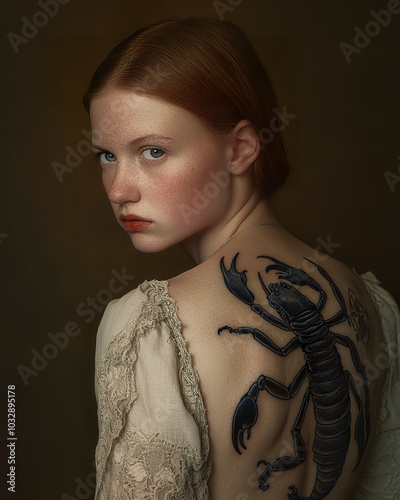 A young woman poses, revealing an intricate scorpion tattoo.