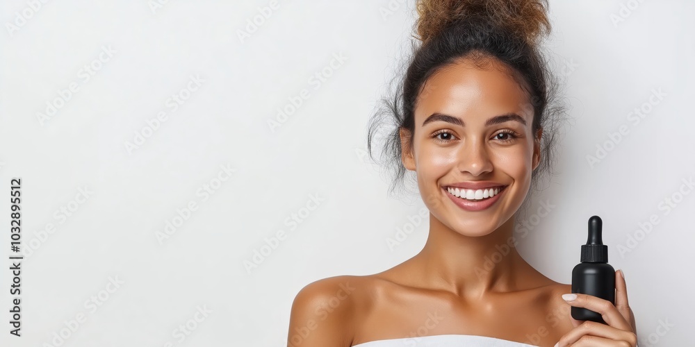Happy young European woman model applying facial moisturising serum enjoying a healthy glowing face and perfect skincare Happy young European woman model applying facial moisturising serum enjoying a healthy glowing face and perfect skincare