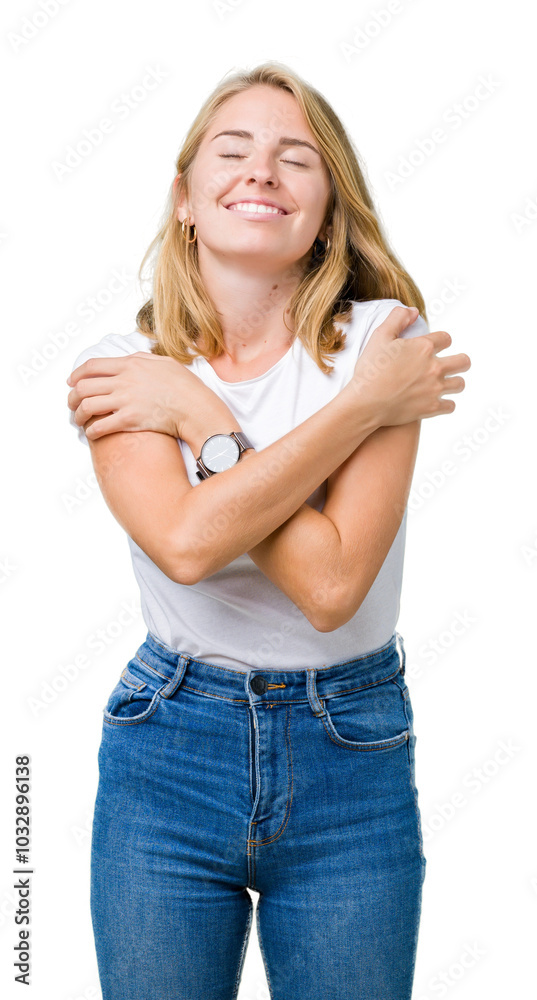 Beautiful young woman wearing casual white t-shirt over isolated background Hugging oneself happy and positive, smiling confident. Self love and self care Beautiful young woman wearing casual white t-shirt over isolated background Hugging oneself happy and positive, smiling confident. Self love and self care