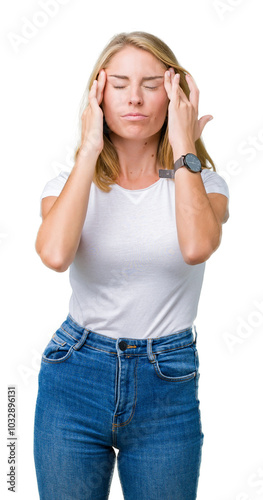 Beautiful young woman wearing casual white t-shirt over isolated background with hand on head for pain in head because stress. Suffering migraine.