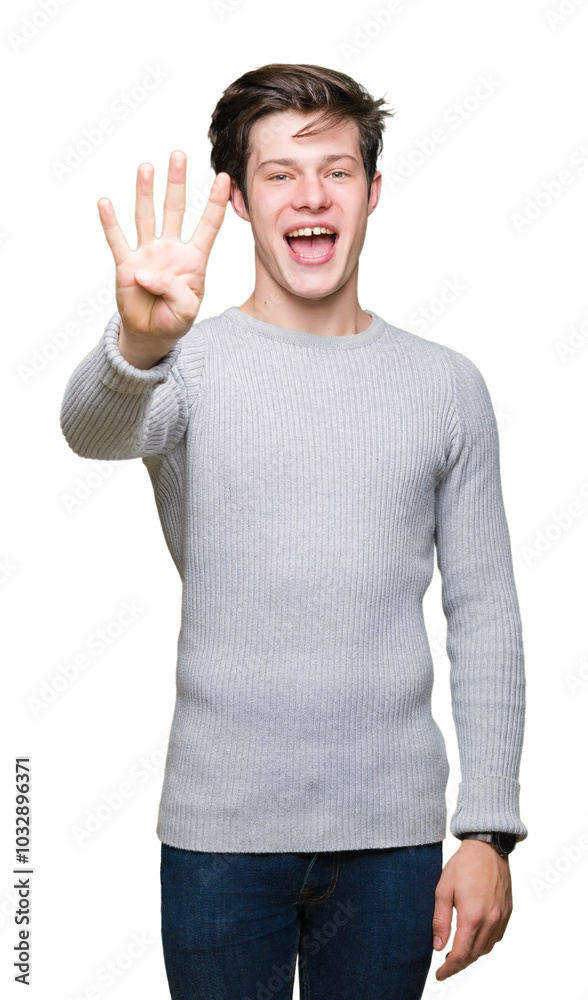 Young handsome man wearing winter sweater over isolated background showing and pointing up with fingers number four while smiling confident and happy. Young handsome man wearing winter sweater over isolated background showing and pointing up with fingers number four while smiling confident and happy.