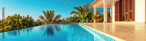 Luxurious villa with pool, palm trees, and blue sky on sunny day.