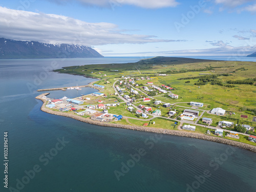 Aerial view of island of Hrisey in Iceland