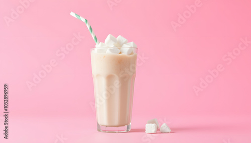 Plastic shake glass with straw full of sugar cubes on pastel pink background. Unhealthy drink concept. Minimal, vertical, side view isolated with white highlights, png