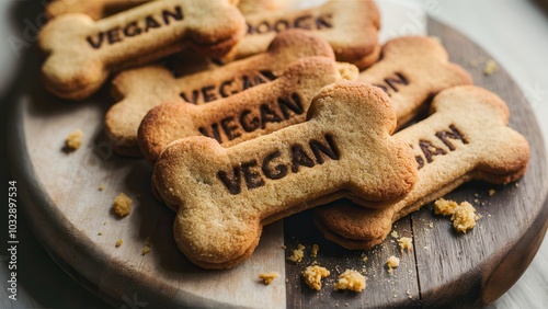 Vegan dog bone cookies with ?VEGAN? text in white icing, indoor close-up shot.