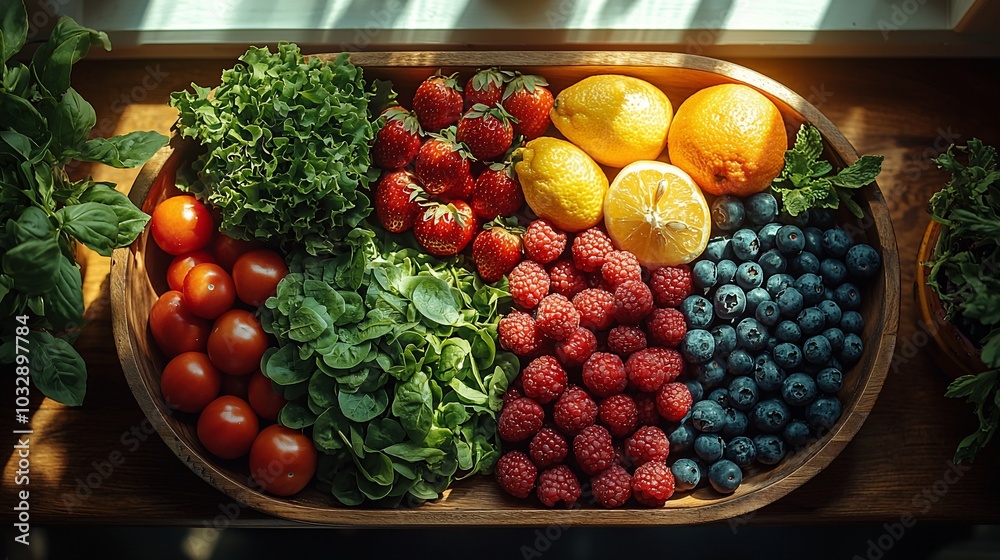 A wooden bowl filled with fresh fruits and vegetables, including tomatoes, lettuce, strawberries, raspberries, blueberries, lemons, and oranges. A wooden bowl filled with fresh fruits and vegetables, including tomatoes, lettuce, strawberries, raspberries, blueberries, lemons, and oranges.
