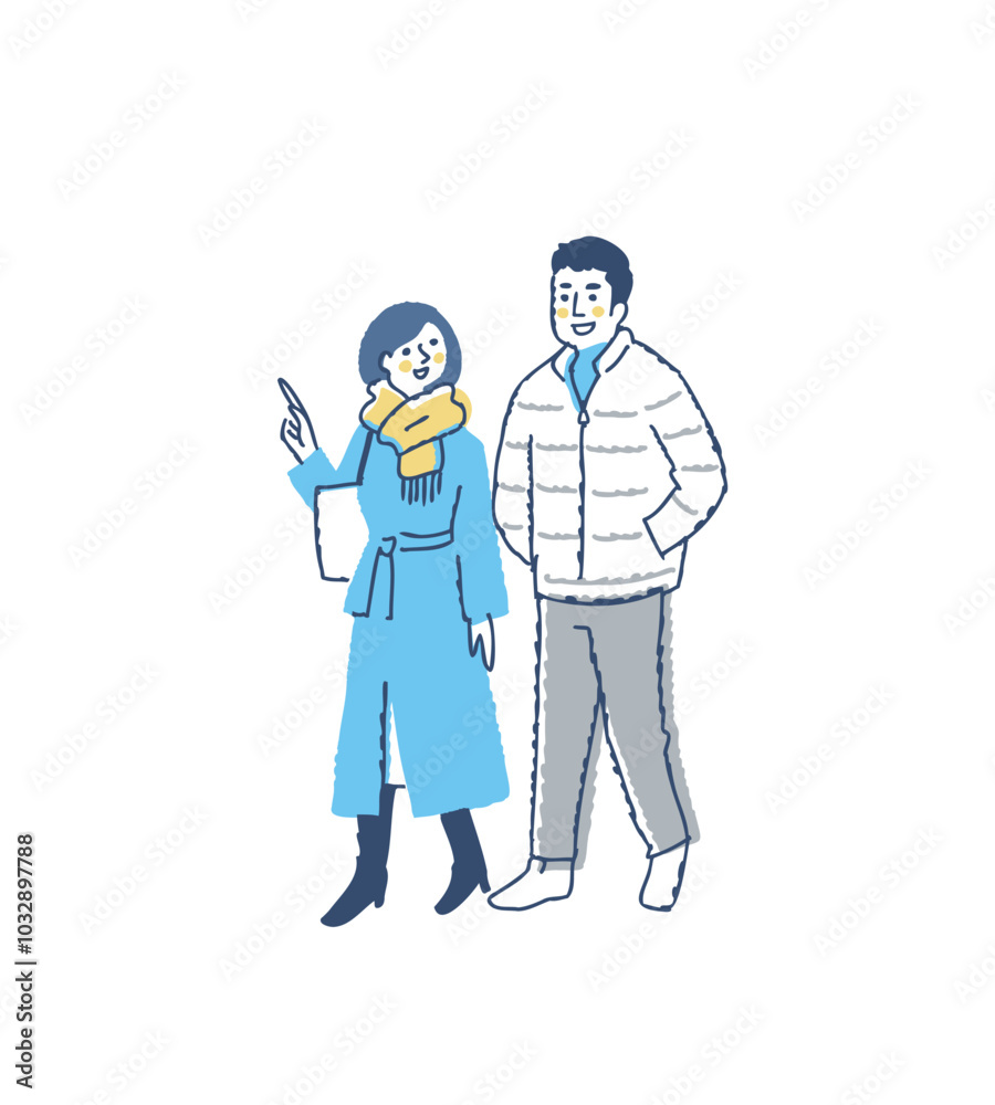 並んで歩いている冬服の若いカップル 並んで歩いている冬服の若いカップル