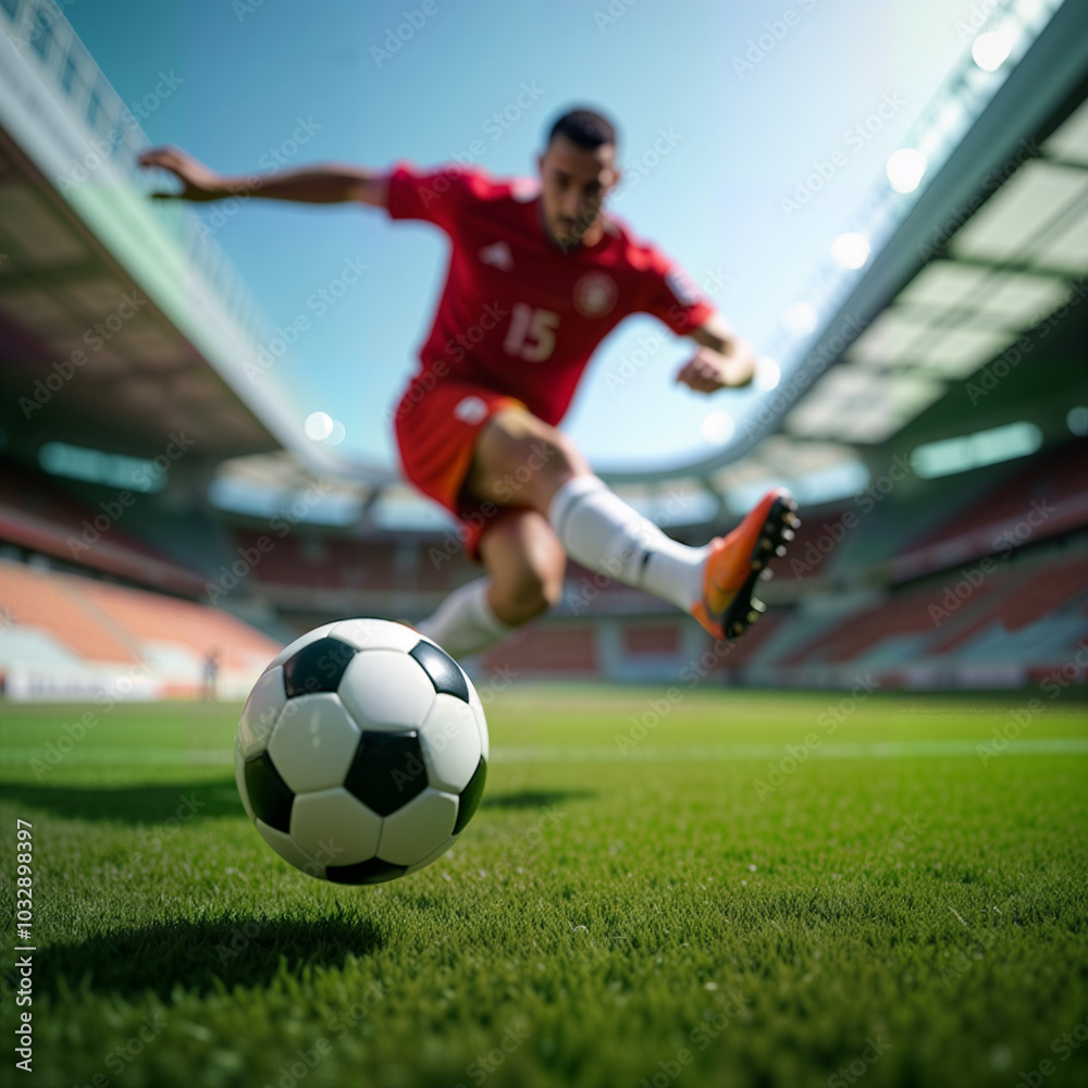 Obraz premium A dynamic shot of a soccer player in action, striking the ball on a vibrant green field. Perfect for sports promotions, team branding, or athletic event marketing
