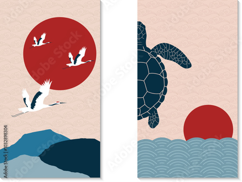 Decorative set of posters in animalistic oriental style. Turtle on the background of waves and red sun. Flying cranes over mountains. Textured background. Landscape. Vector illustration