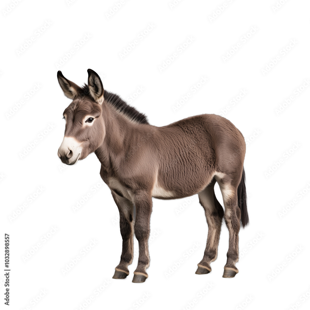 Donkey standing with brown fur, ears perked, facing forward, transparent background Donkey standing with brown fur, ears perked, facing forward, transparent background