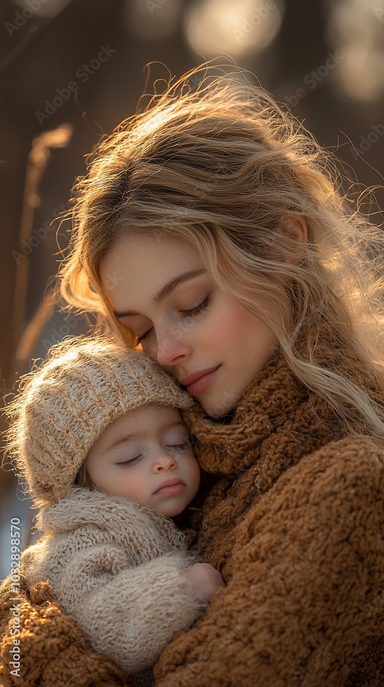A young mother cradles her sleeping baby in her arms, their faces illuminated by the warm sunlight filtering through the trees. A young mother cradles her sleeping baby in her arms, their faces illuminated by the warm sunlight filtering through the trees.