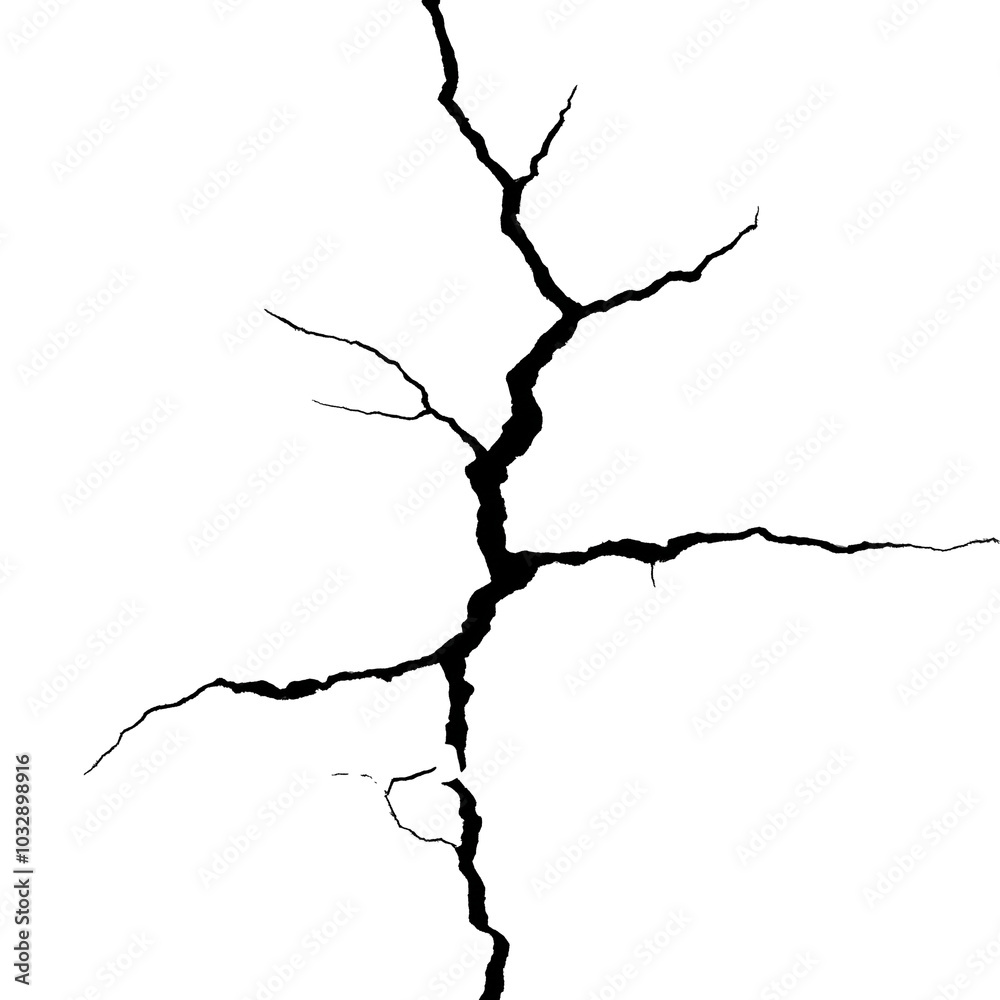 Large crack on a white surface, representing damage and breaking, transparent background Large crack on a white surface, representing damage and breaking, transparent background