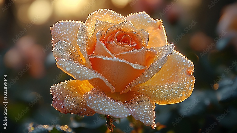 A single peach rose with water droplets, illuminated by the morning sun.