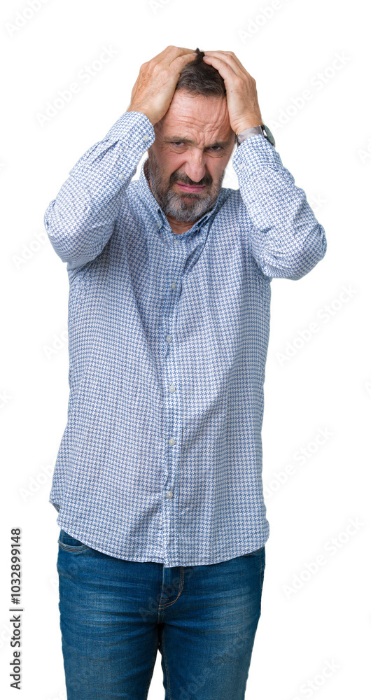 Handsome middle age elegant senior man over isolated background suffering from headache desperate and stressed because pain and migraine. Hands on head. Handsome middle age elegant senior man over isolated background suffering from headache desperate and stressed because pain and migraine. Hands on head.