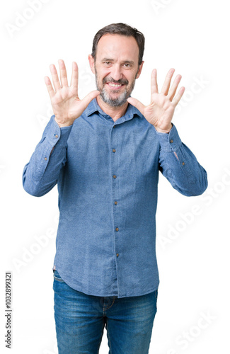 Handsome middle age elegant senior man over isolated background showing and pointing up with fingers number ten while smiling confident and happy.