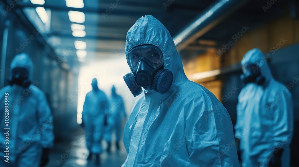 Team of scientists wearing hazmat suits walking in industrial facility corridor Team of scientists wearing hazmat suits walking in industrial facility corridor