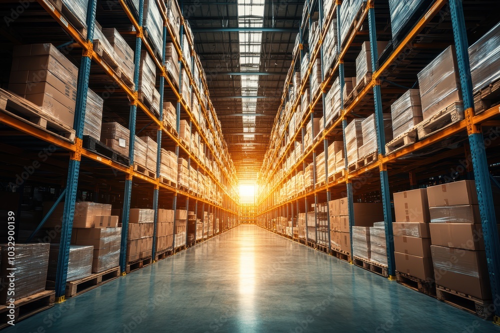 Fototapeta premium Large distribution warehouse interior with high racks and goods ready for shipment