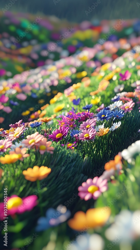 Fototapeta premium 13. A vibrant 3D triangle field filled with flowers and greenery, capturing springtime