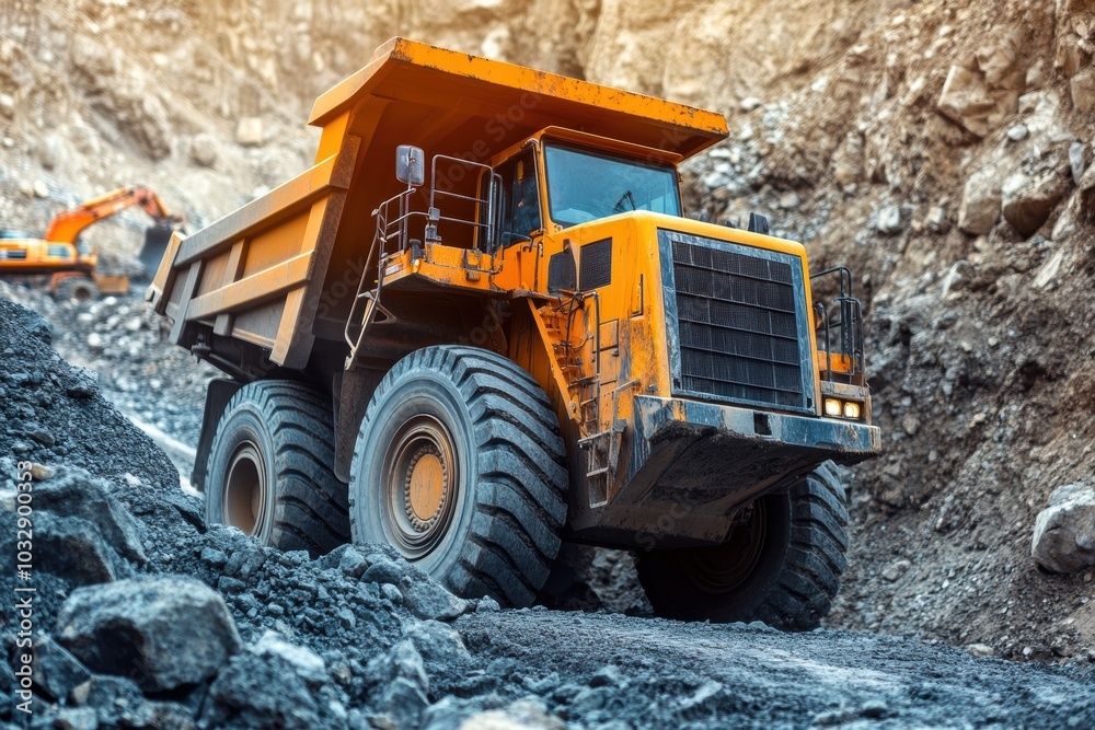 Large yellow mining dump truck working in open pit mine Large yellow mining dump truck working in open pit mine