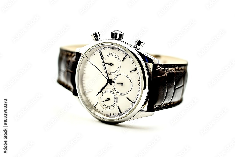 Luxury chronograph watch on white background with leather band Luxury chronograph watch on white background with leather band