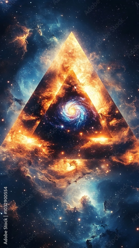 15. A cosmic 3D triangle background featuring swirling galaxies and bright stars