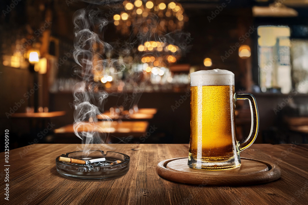 Bierglas und Aschenbecher auf einem Holztisch in einer Kneipe