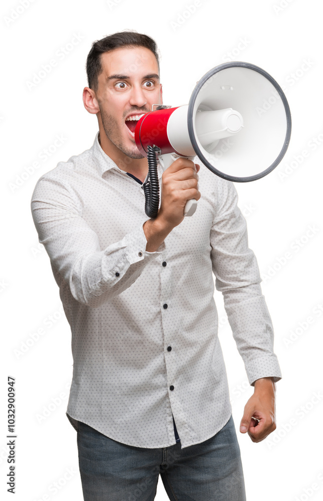 Handsome young man holding microphone annoyed and frustrated shouting with anger, crazy and yelling with raised hand, anger concept Handsome young man holding microphone annoyed and frustrated shouting with anger, crazy and yelling with raised hand, anger concept