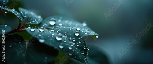 A leaf with water droplets on it. The droplets are small and scattered, giving the impression of a light rain. The leaf is green and he is fresh and healthy