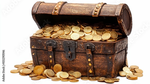 Illustration for a treasure chest overflowing with gold coins isolated on white background