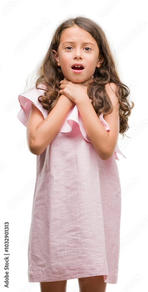 Brunette hispanic girl wearing pink dress shouting and suffocate because painful strangle. Health problem. Asphyxiate and suicide concept. Brunette hispanic girl wearing pink dress shouting and suffocate because painful strangle. Health problem. Asphyxiate and suicide concept.