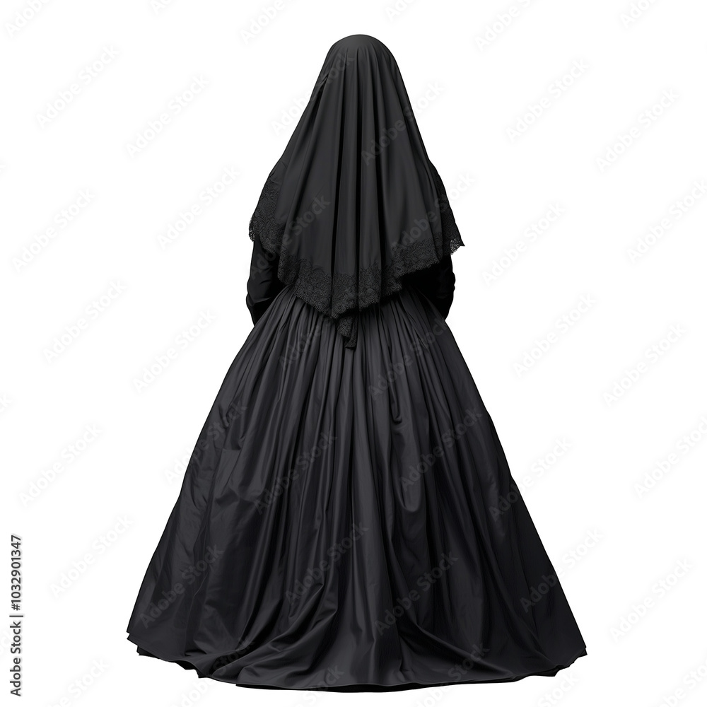Figure fully covered in black draped cloth with no visible face, isolated on a transparent background Figure fully covered in black draped cloth with no visible face, isolated on a transparent background