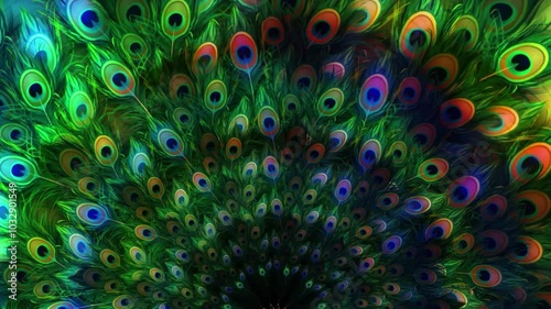 Vibrant peacock feathers forming a symmetrical pattern with iridescent colors.