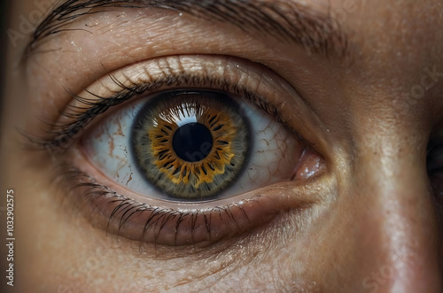 Close up of a female eye with green and yellow iris, long eyelashes and brow